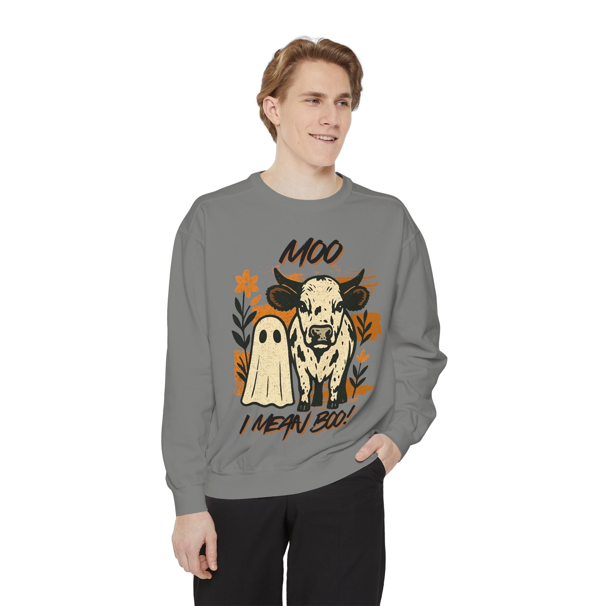 Moo I Mean Boo! Sweatshirt - Cozy Halloween Vibe, Perfect for Fall Gatherings, Unique Gift for Animal Lovers, Unisex Casual Wear