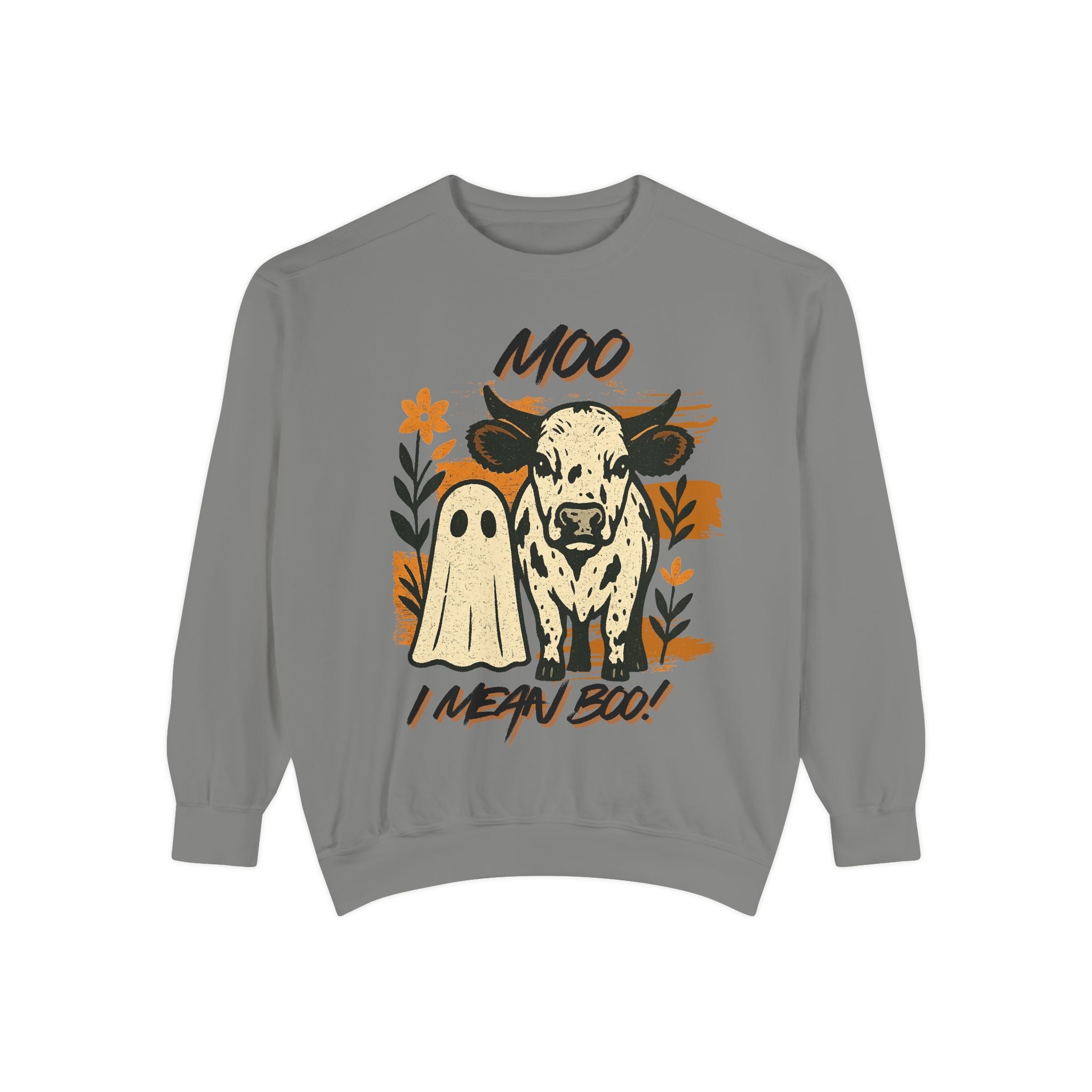 Moo I Mean Boo! Sweatshirt - Cozy Halloween Vibe, Perfect for Fall Gatherings, Unique Gift for Animal Lovers, Unisex Casual Wear