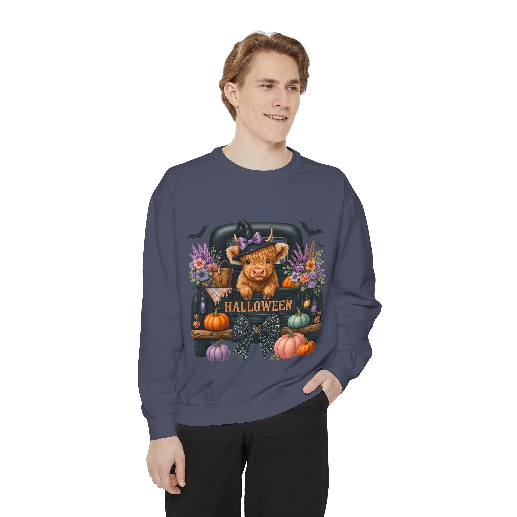 Highland Cow Truck Halloween-Themed Unisex Sweatshirt, Cozy Fall Apparel, Great for Halloween Parties, Autumn Wardrobe, Seasonal Gift Idea
