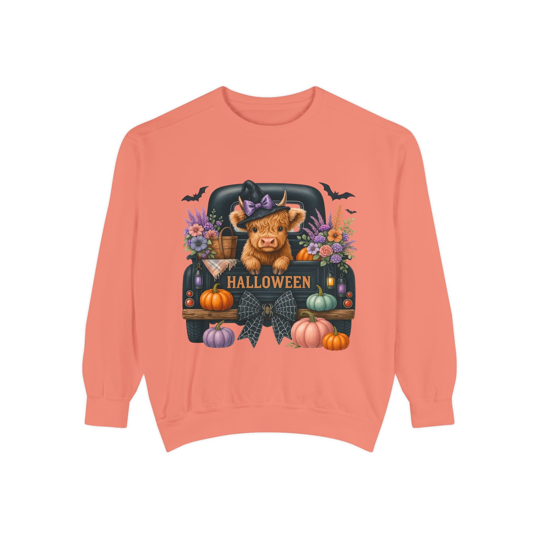 Highland Cow Truck Halloween-Themed Unisex Sweatshirt, Cozy Fall Apparel, Great for Halloween Parties, Autumn Wardrobe, Seasonal Gift Idea