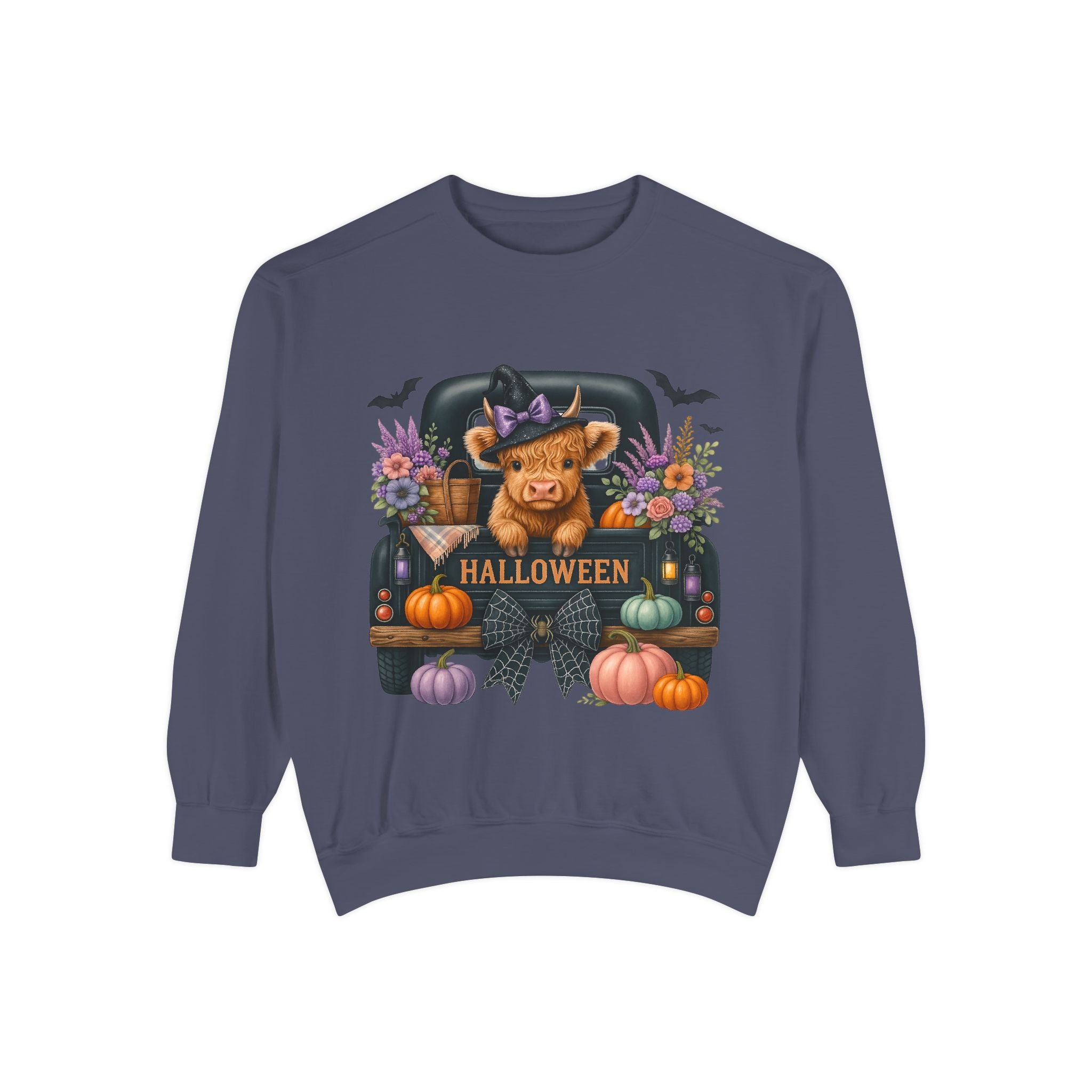 Highland Cow Truck Halloween-Themed Unisex Sweatshirt, Cozy Fall Apparel, Great for Halloween Parties, Autumn Wardrobe, Seasonal Gift Idea