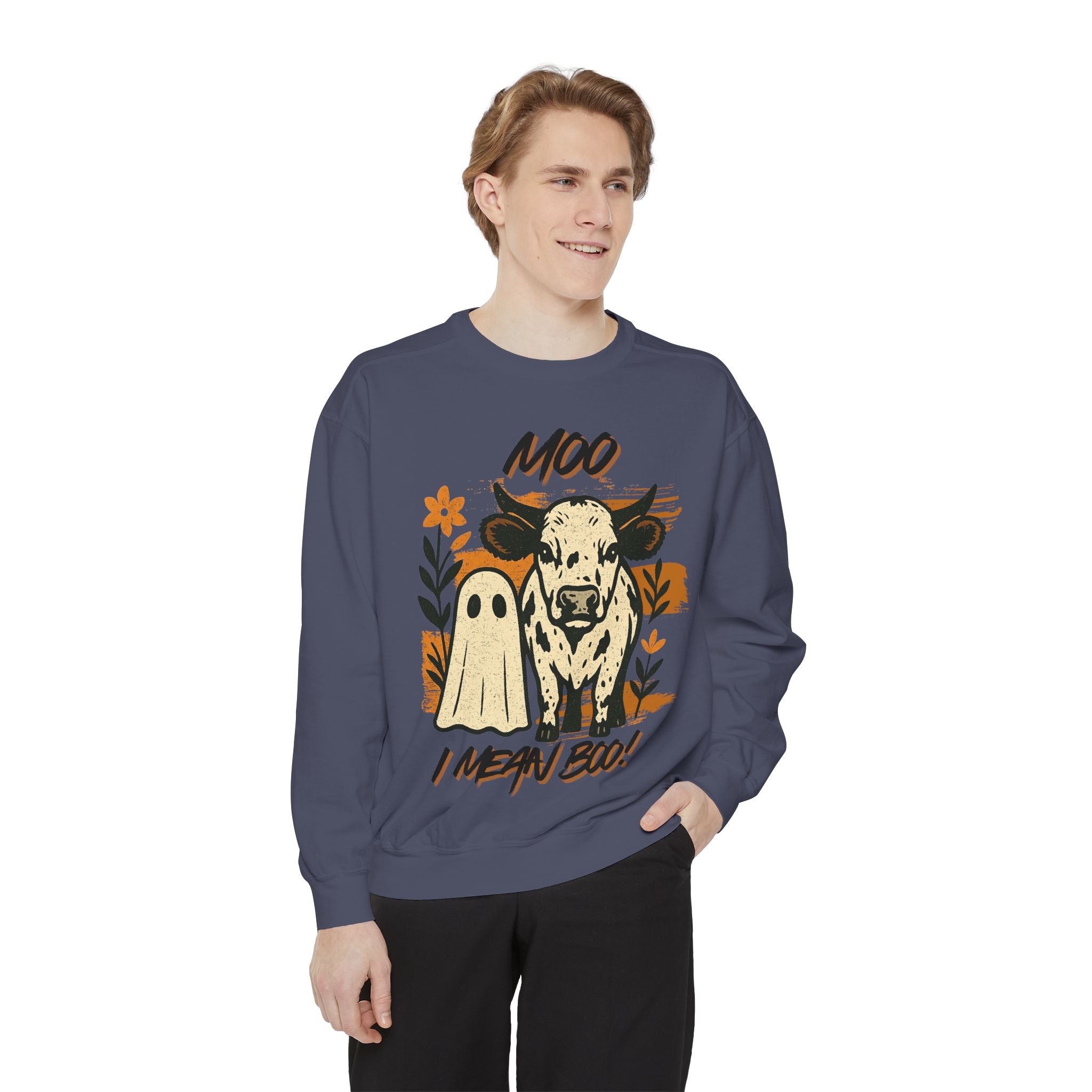 Moo I Mean Boo! Sweatshirt - Cozy Halloween Vibe, Perfect for Fall Gatherings, Unique Gift for Animal Lovers, Unisex Casual Wear