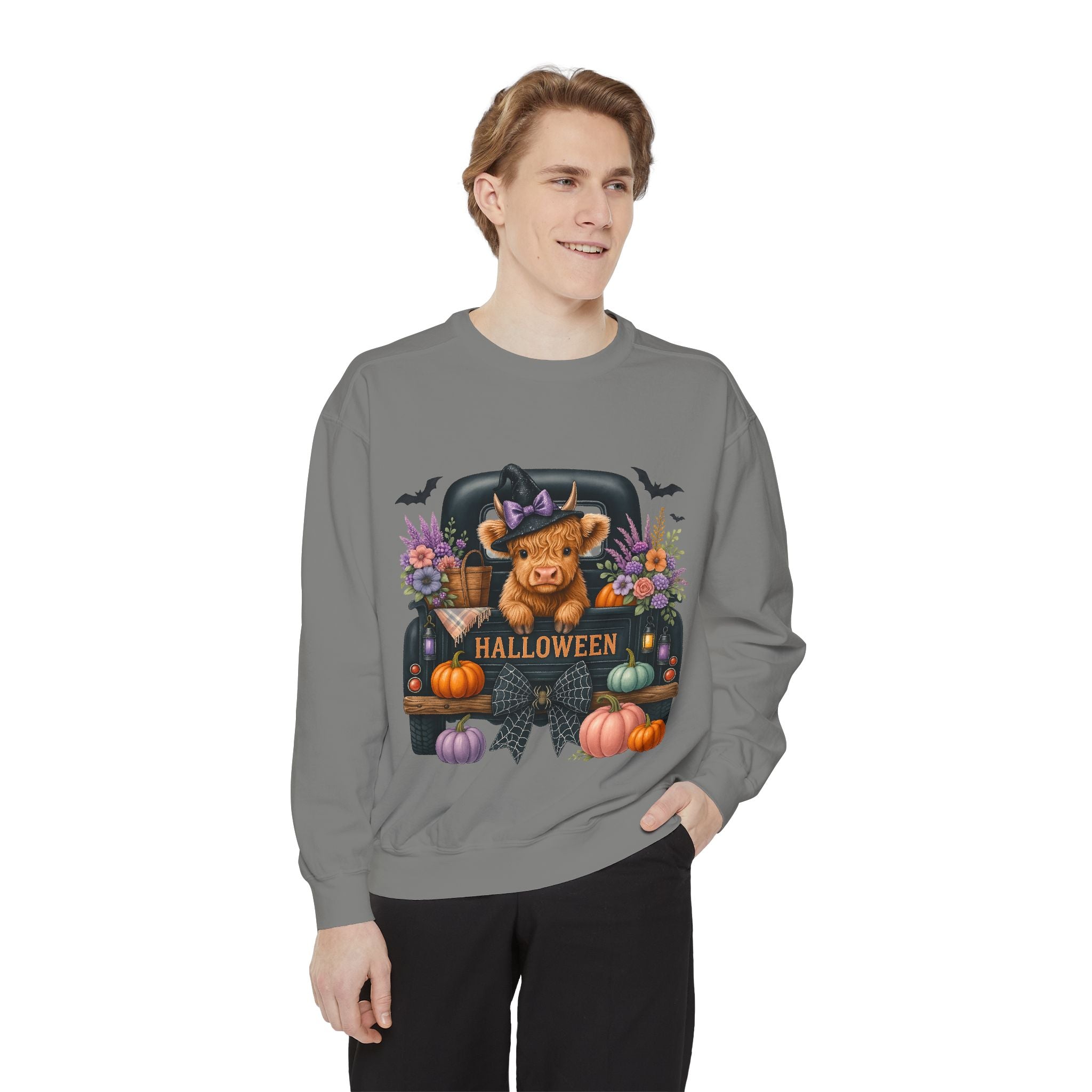 Highland Cow Truck Halloween-Themed Unisex Sweatshirt, Cozy Fall Apparel, Great for Halloween Parties, Autumn Wardrobe, Seasonal Gift Idea