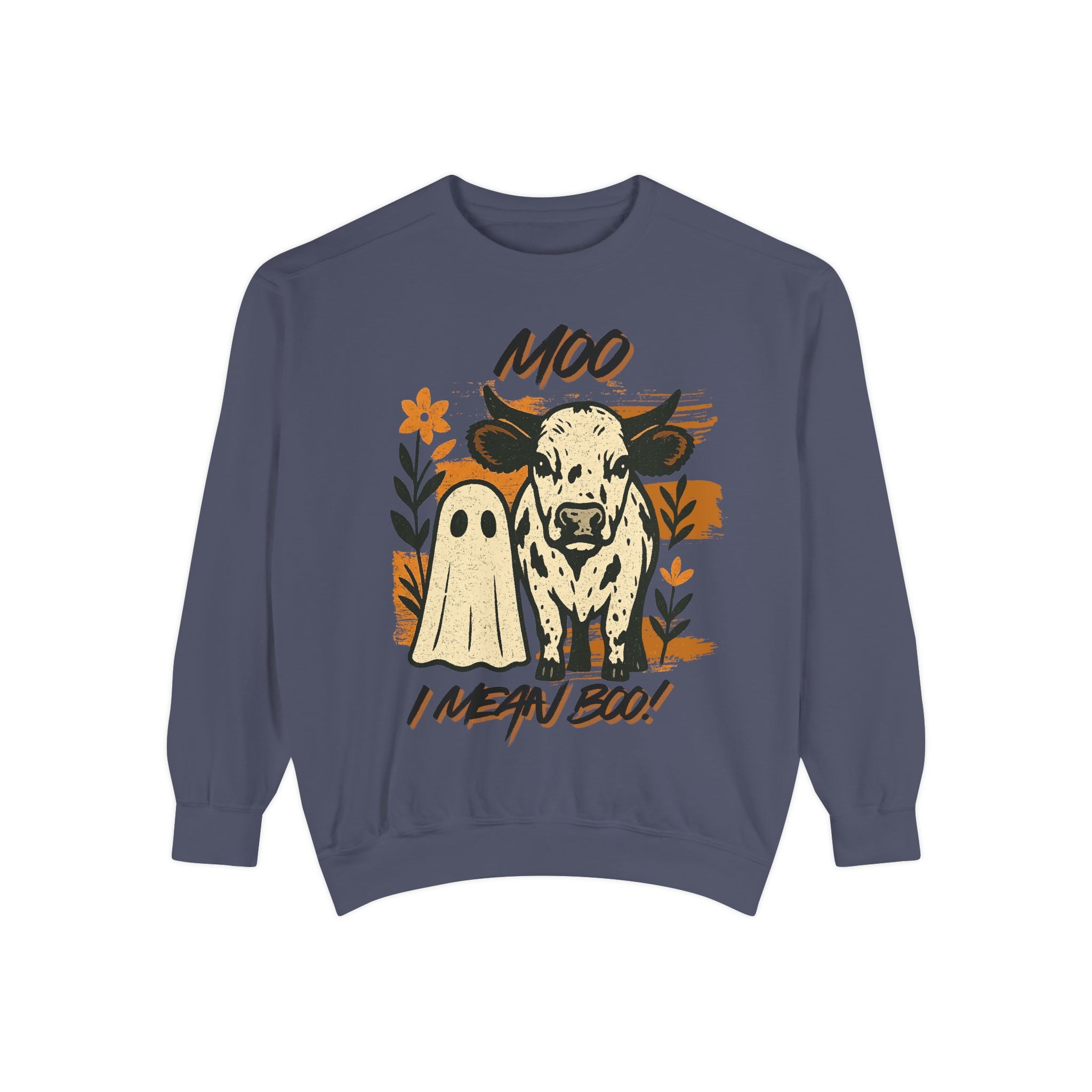 Moo I Mean Boo! Sweatshirt - Cozy Halloween Vibe, Perfect for Fall Gatherings, Unique Gift for Animal Lovers, Unisex Casual Wear
