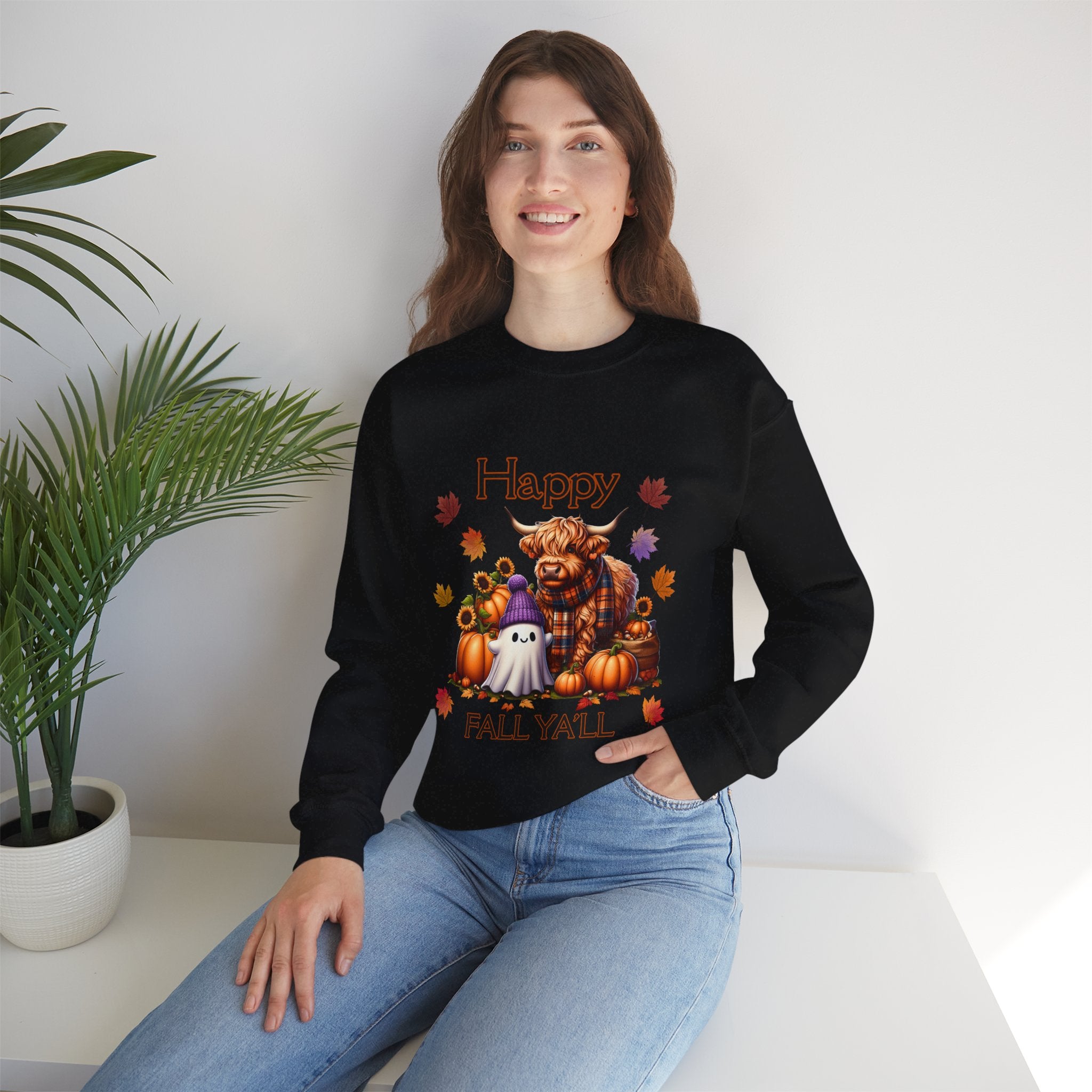 Halloween Pumpkin Sweatshirt, Cozy Crewneck for Fall, Autumn Vibes, Ghost and Highland Cow Design, Unisex Apparel, Perfect for [...]