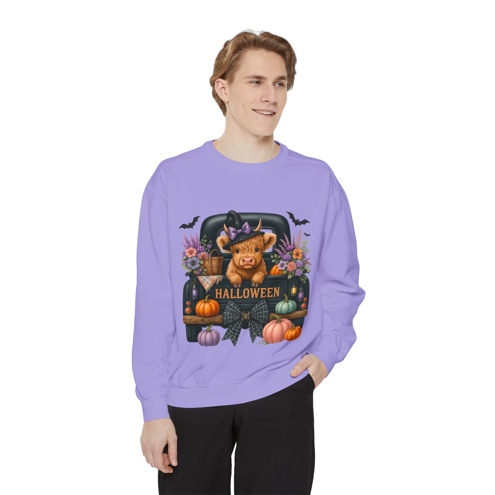 Highland Cow Truck Halloween-Themed Unisex Sweatshirt, Cozy Fall Apparel, Great for Halloween Parties, Autumn Wardrobe, Seasonal Gift Idea