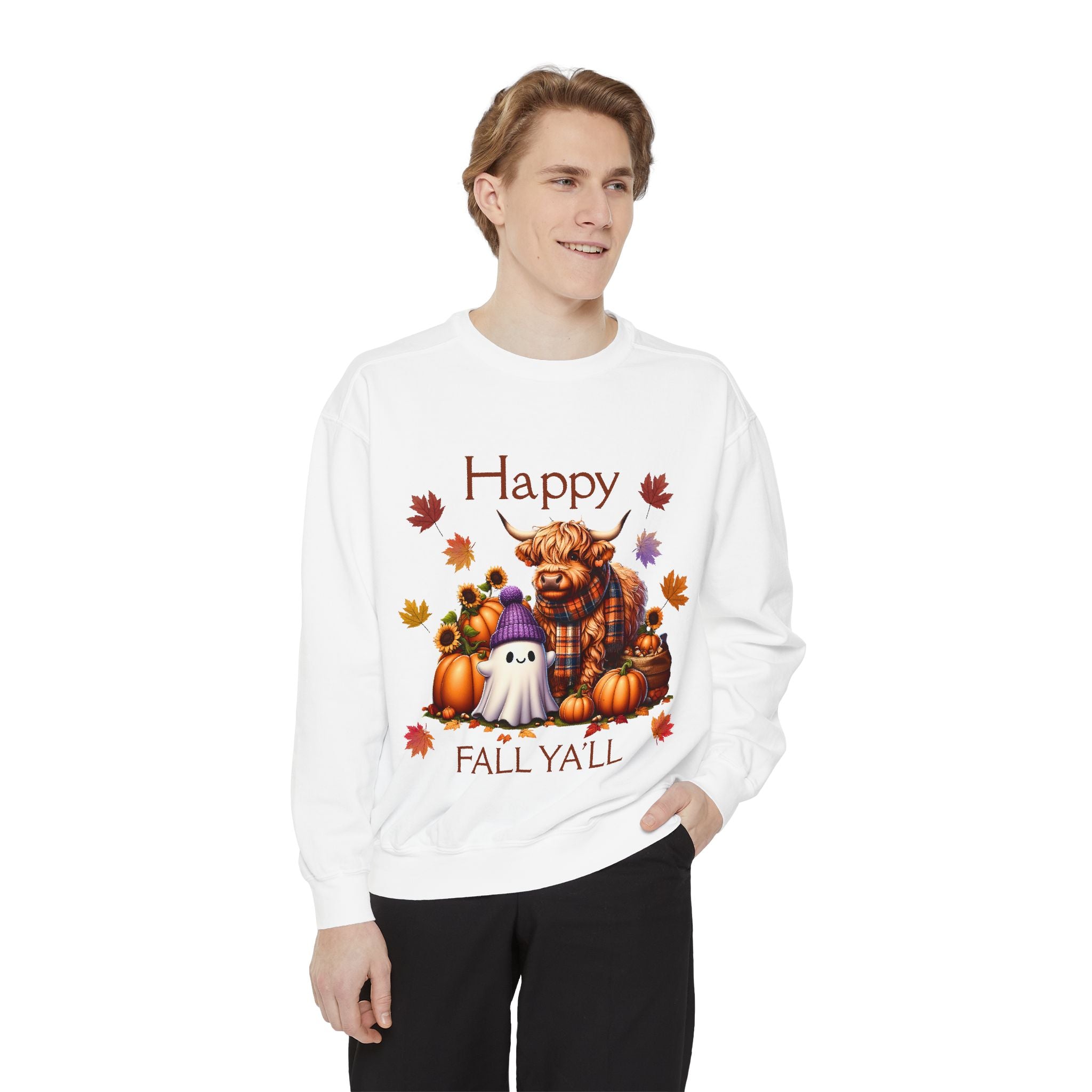 Happy Fall Y'all Highland Cow Design, Unisex Autumn Apparel, Perfect Gift for Halloween, Thanksgiving, Family Gatherings