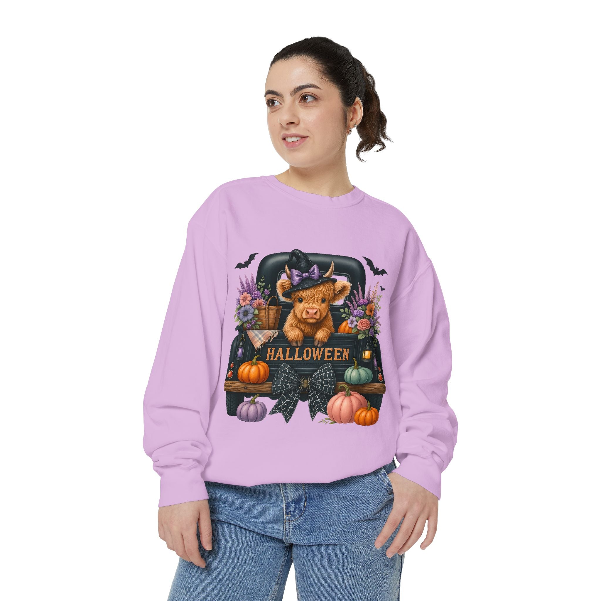 Highland Cow Truck Halloween-Themed Unisex Sweatshirt, Cozy Fall Apparel, Great for Halloween Parties, Autumn Wardrobe, Seasonal Gift Idea