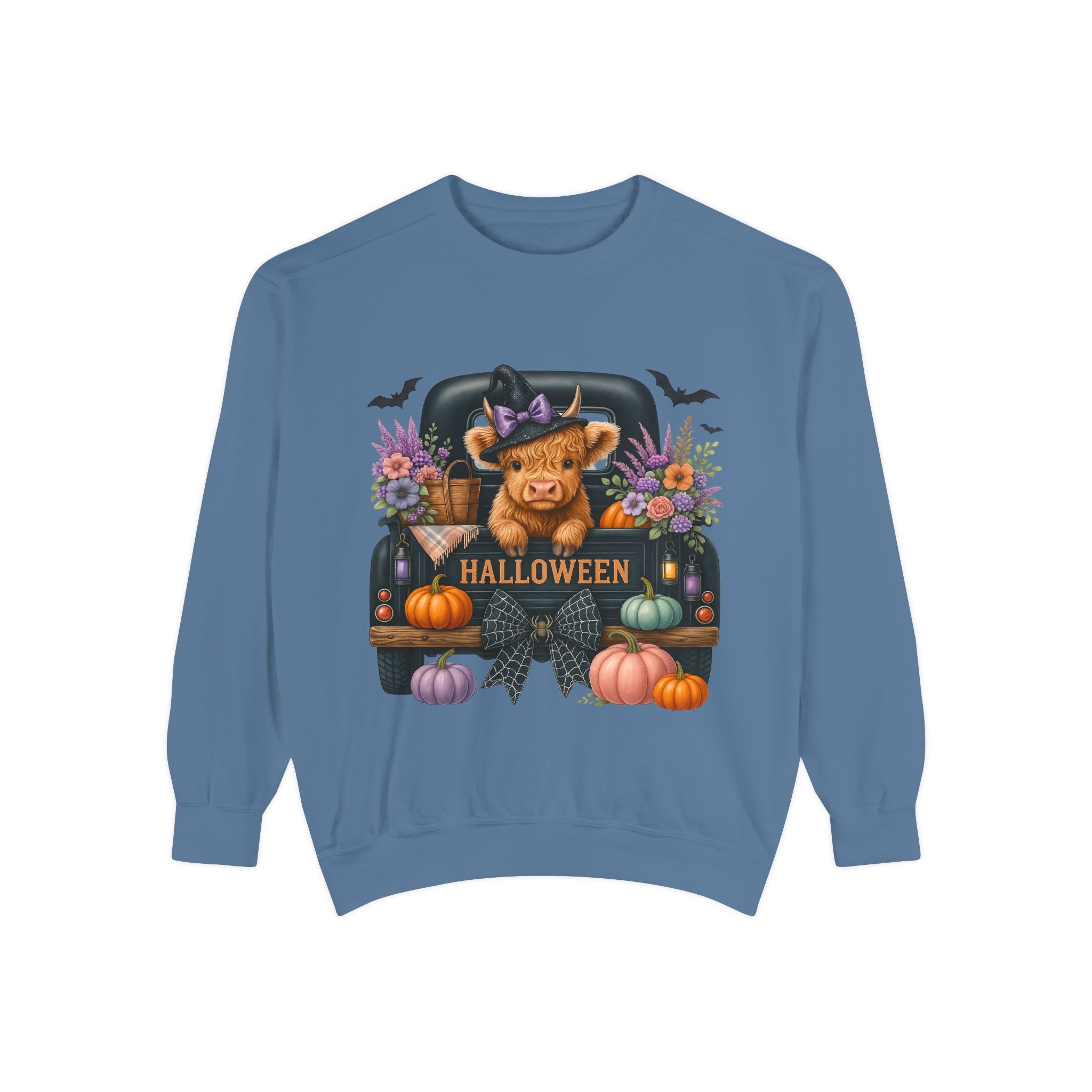 Highland Cow Truck Halloween-Themed Unisex Sweatshirt, Cozy Fall Apparel, Great for Halloween Parties, Autumn Wardrobe, Seasonal Gift Idea