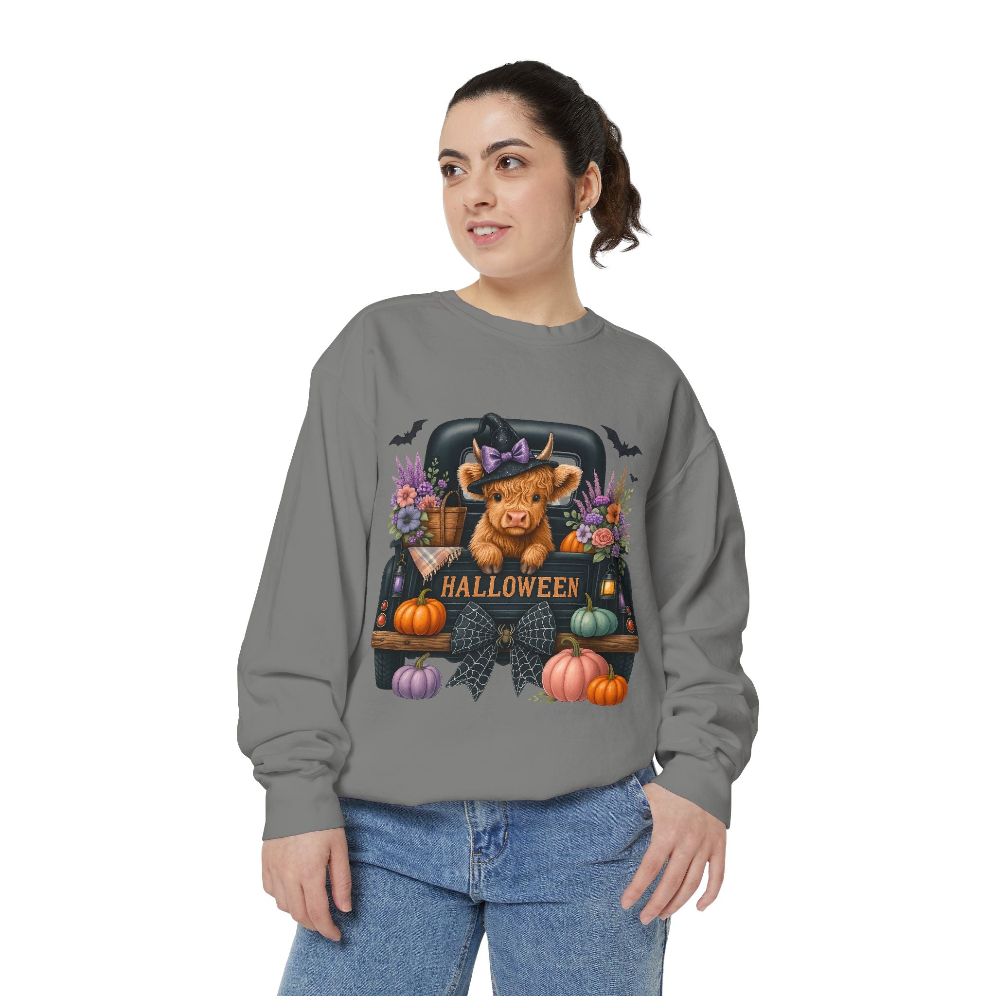 Highland Cow Truck Halloween-Themed Unisex Sweatshirt, Cozy Fall Apparel, Great for Halloween Parties, Autumn Wardrobe, Seasonal Gift Idea
