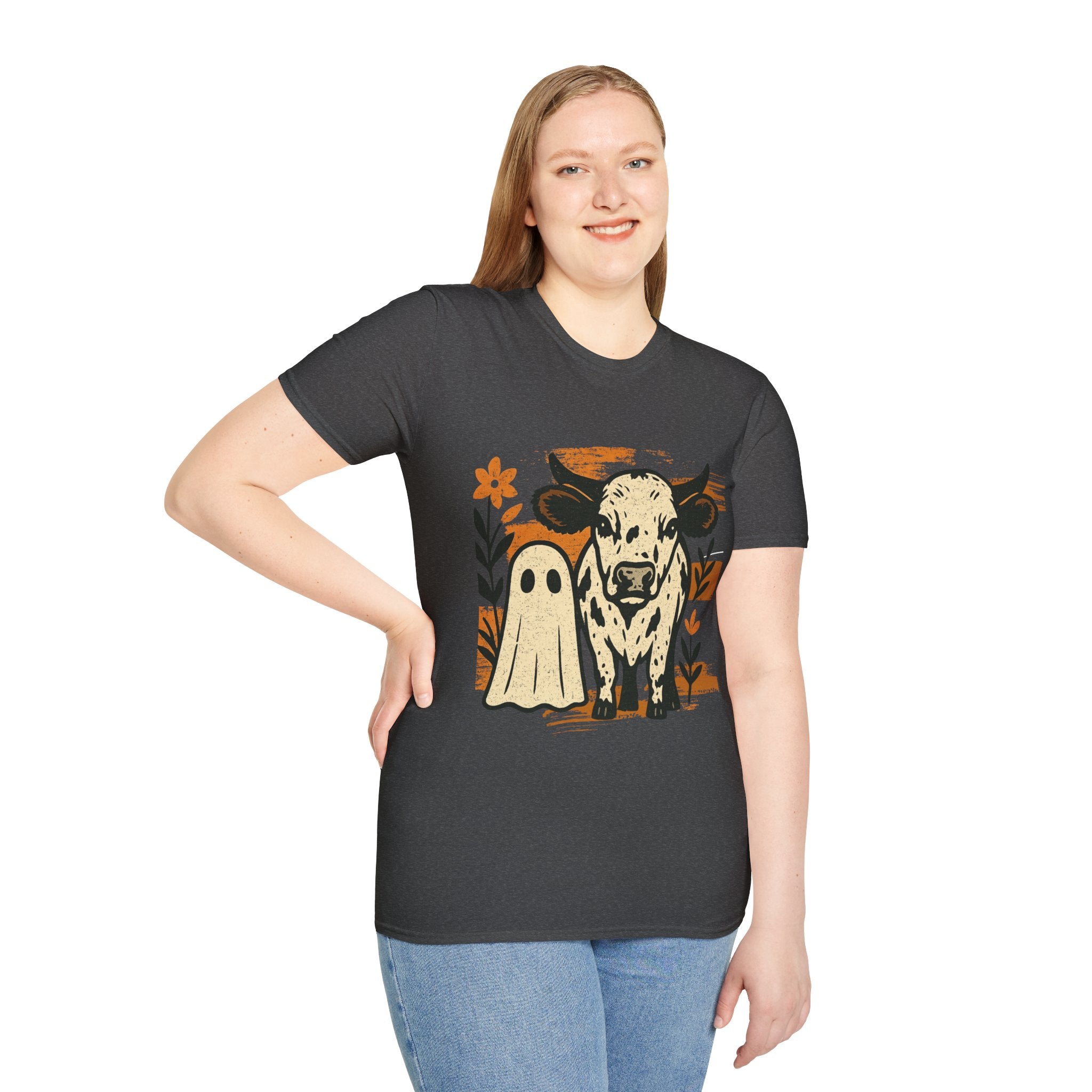 Distressed Halloween Cow Ghost T-Shirt, Unisex Softstyle Tee for Fall, Spooky Season Shirt, Farm Animal Graphic Tee, Casual Halloween Wear