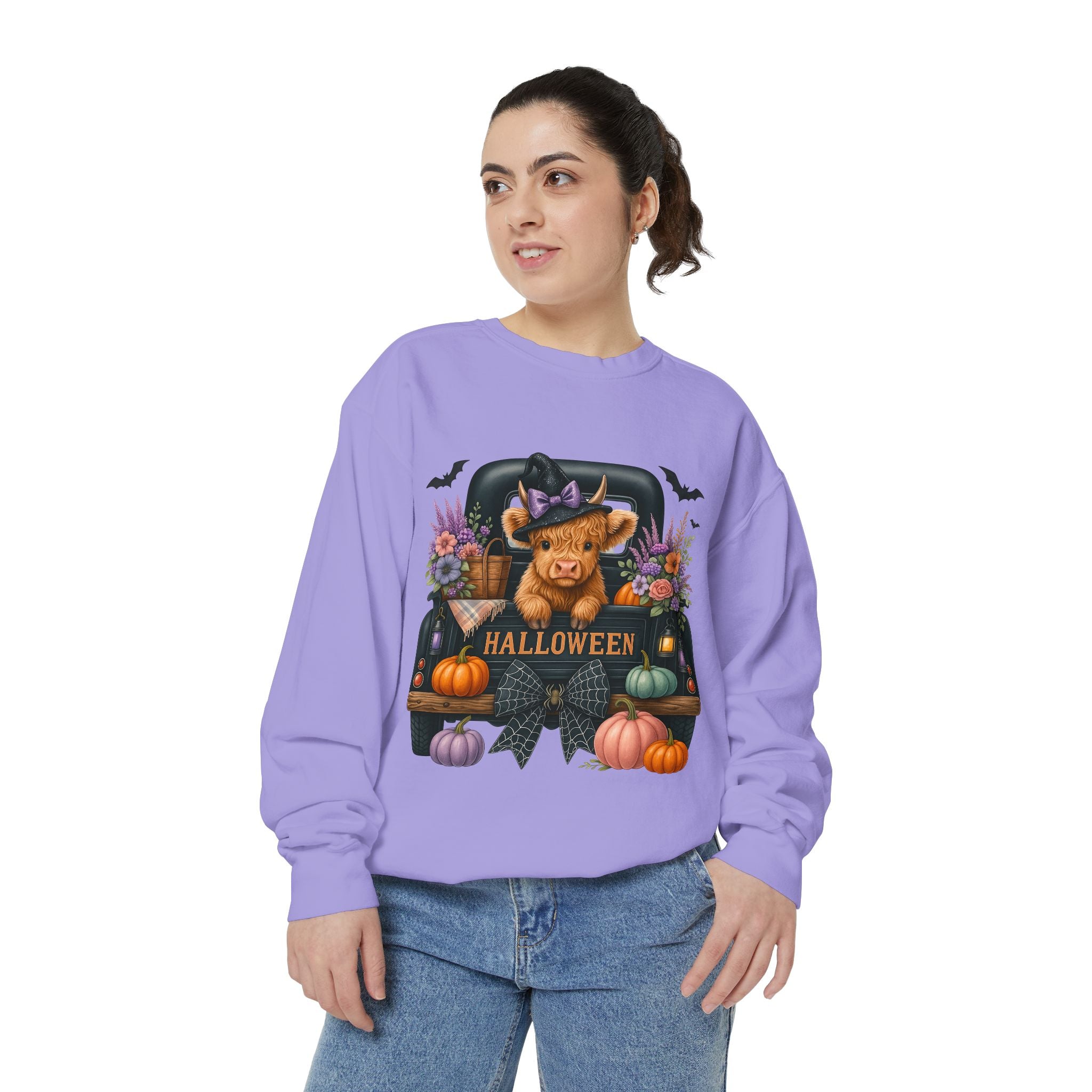 Highland Cow Truck Halloween-Themed Unisex Sweatshirt, Cozy Fall Apparel, Great for Halloween Parties, Autumn Wardrobe, Seasonal Gift Idea