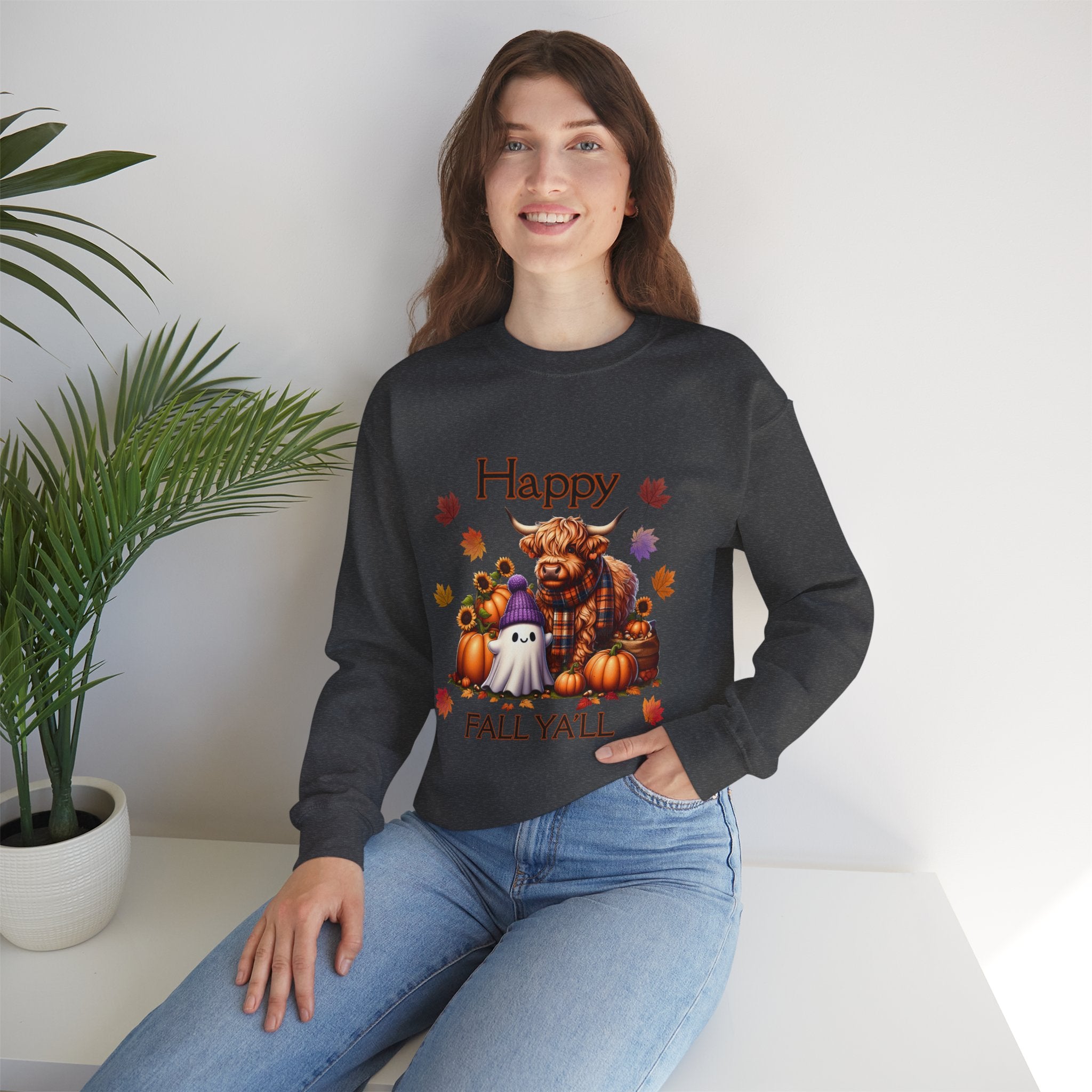 Halloween Pumpkin Sweatshirt, Cozy Crewneck for Fall, Autumn Vibes, Ghost and Highland Cow Design, Unisex Apparel, Perfect for [...]