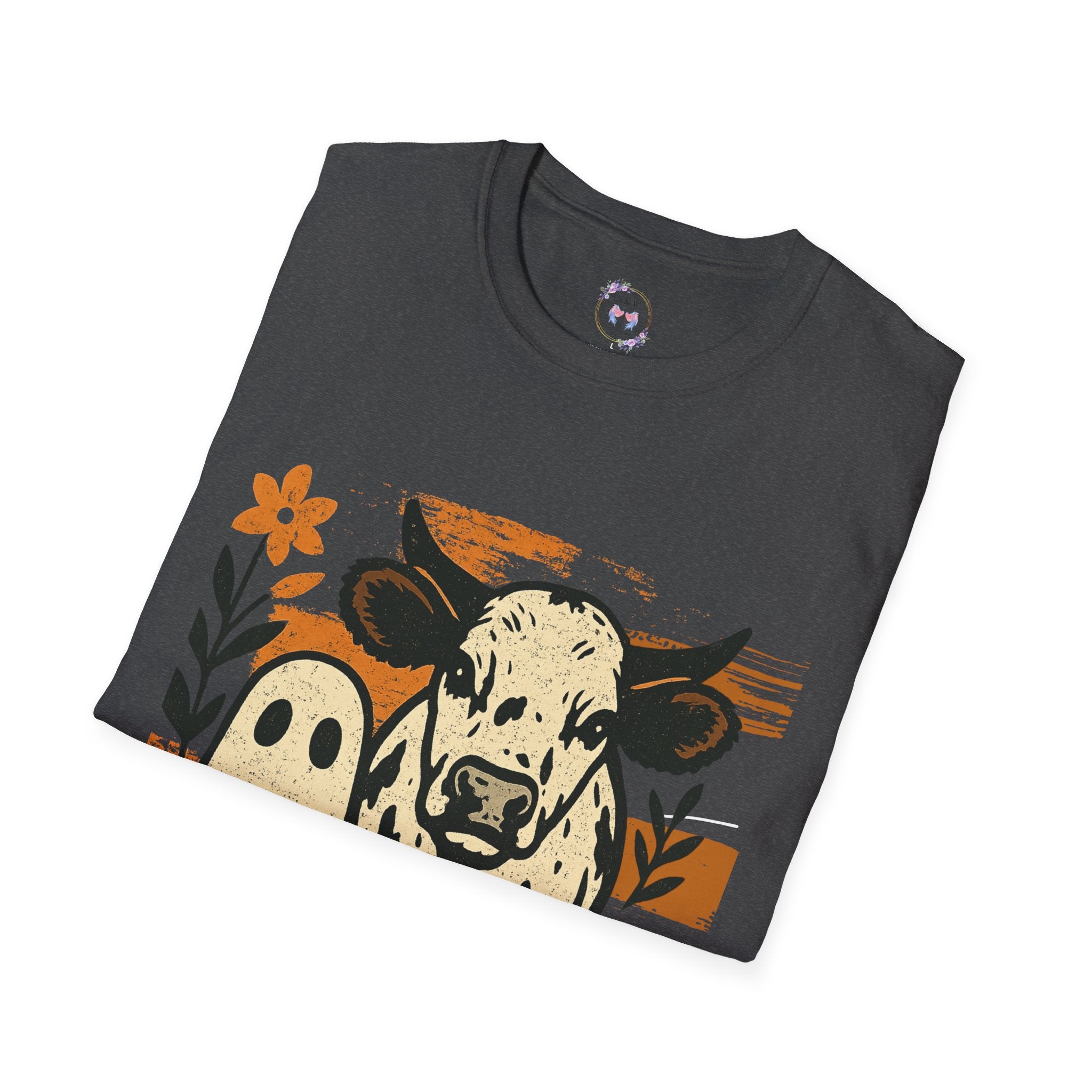 Distressed Halloween Cow Ghost T-Shirt, Unisex Softstyle Tee for Fall, Spooky Season Shirt, Farm Animal Graphic Tee, Casual Halloween Wear