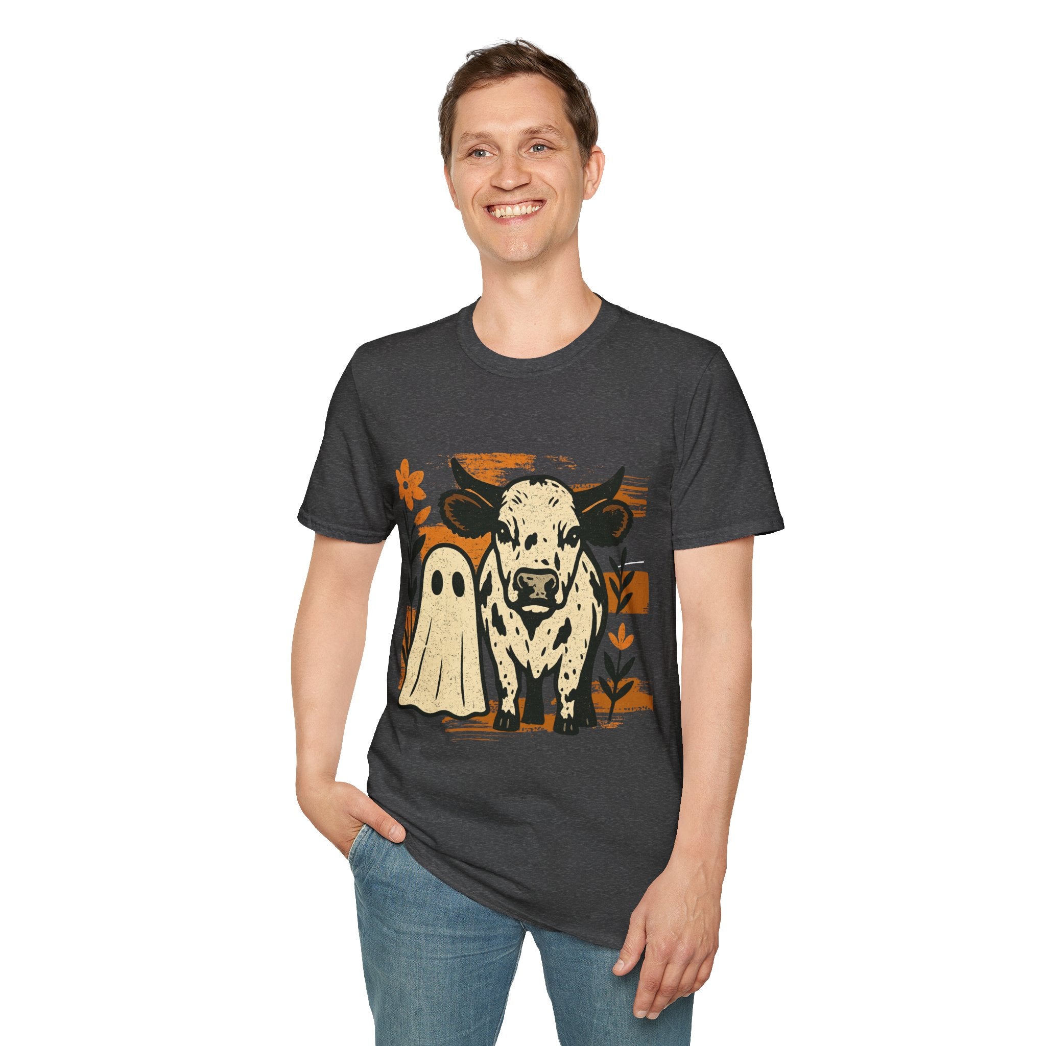 Distressed Halloween Cow Ghost T-Shirt, Unisex Softstyle Tee for Fall, Spooky Season Shirt, Farm Animal Graphic Tee, Casual Halloween Wear