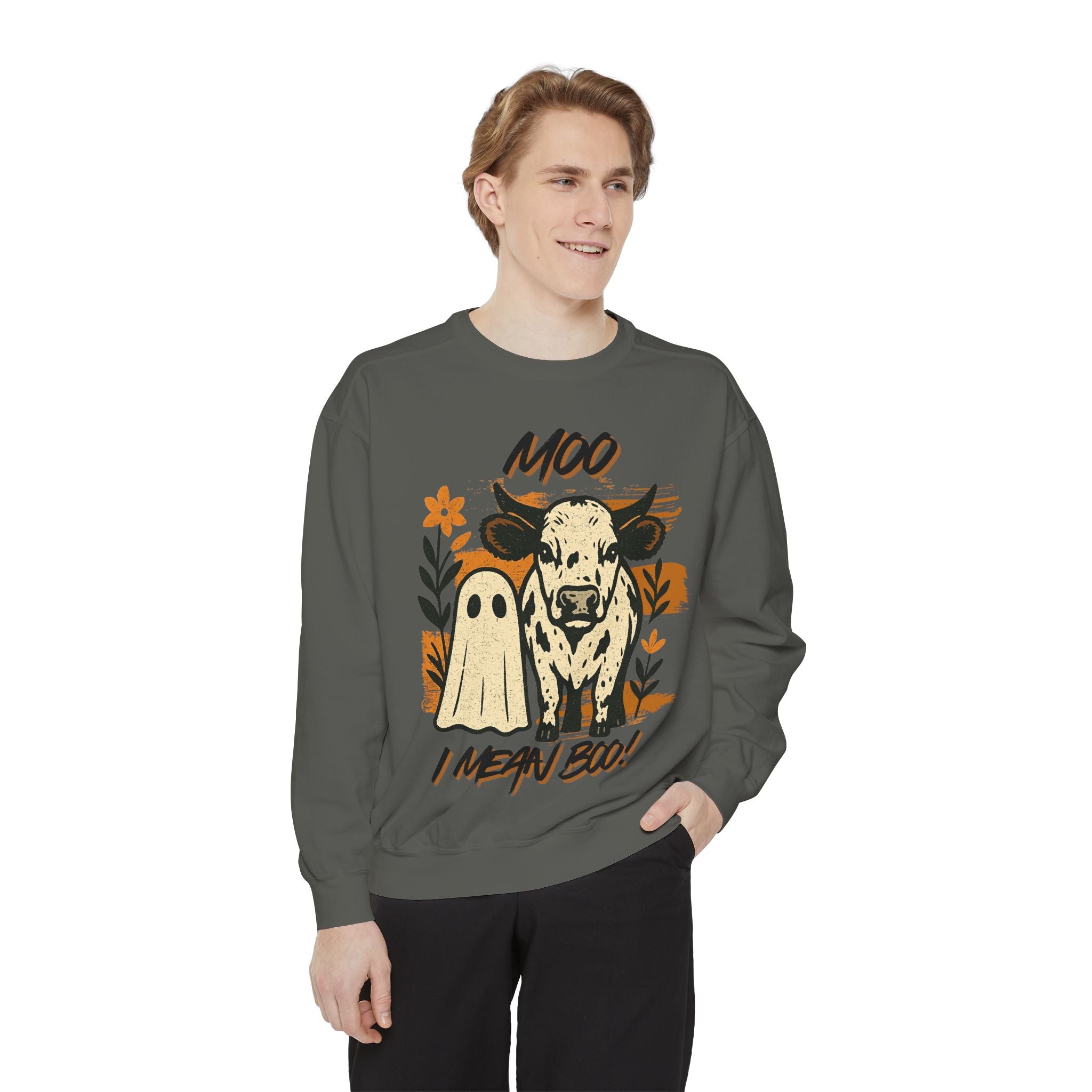 Moo I Mean Boo! Sweatshirt - Cozy Halloween Vibe, Perfect for Fall Gatherings, Unique Gift for Animal Lovers, Unisex Casual Wear