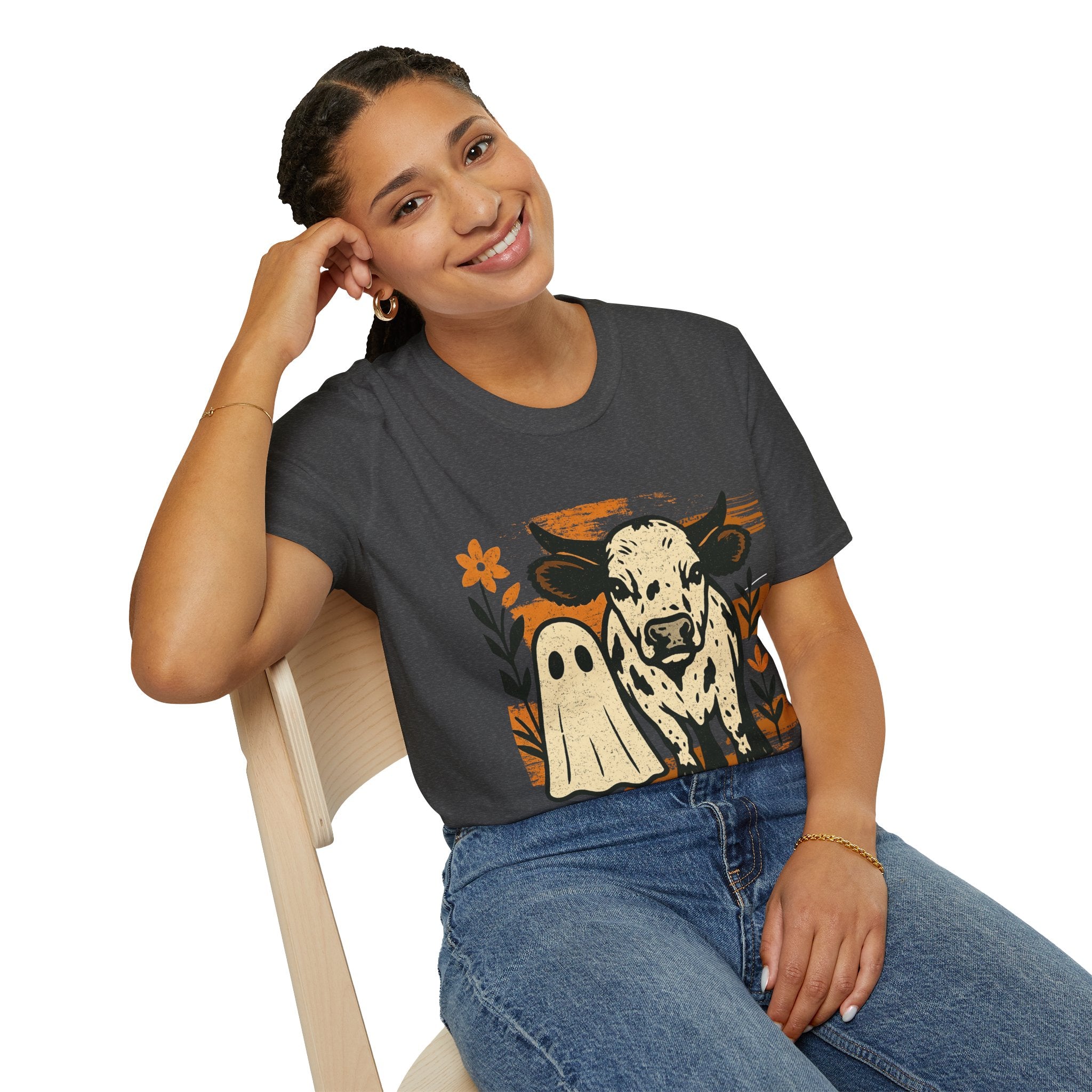 Distressed Halloween Cow Ghost T-Shirt, Unisex Softstyle Tee for Fall, Spooky Season Shirt, Farm Animal Graphic Tee, Casual Halloween Wear