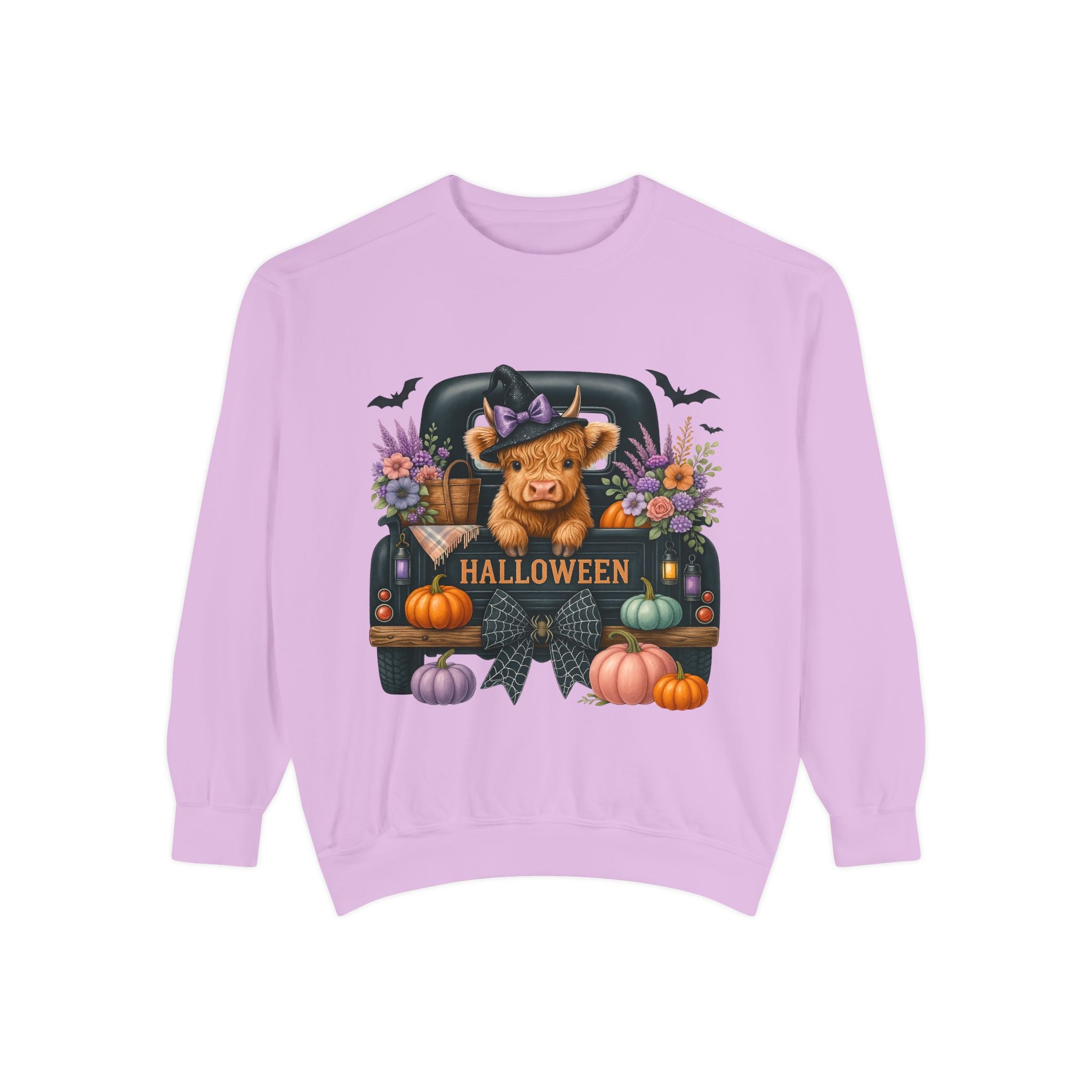 Highland Cow Truck Halloween-Themed Unisex Sweatshirt, Cozy Fall Apparel, Great for Halloween Parties, Autumn Wardrobe, Seasonal Gift Idea