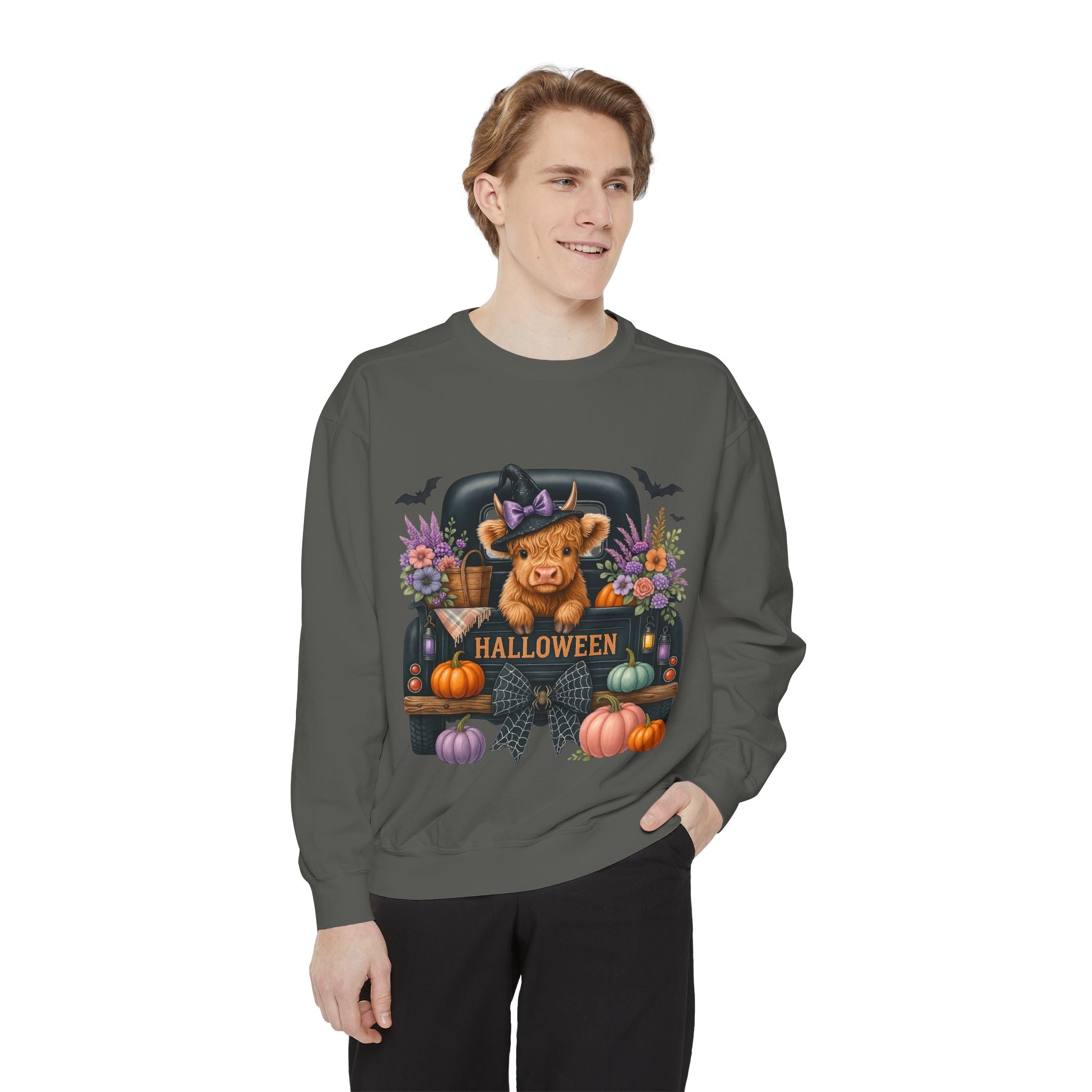 Highland Cow Truck Halloween-Themed Unisex Sweatshirt, Cozy Fall Apparel, Great for Halloween Parties, Autumn Wardrobe, Seasonal Gift Idea