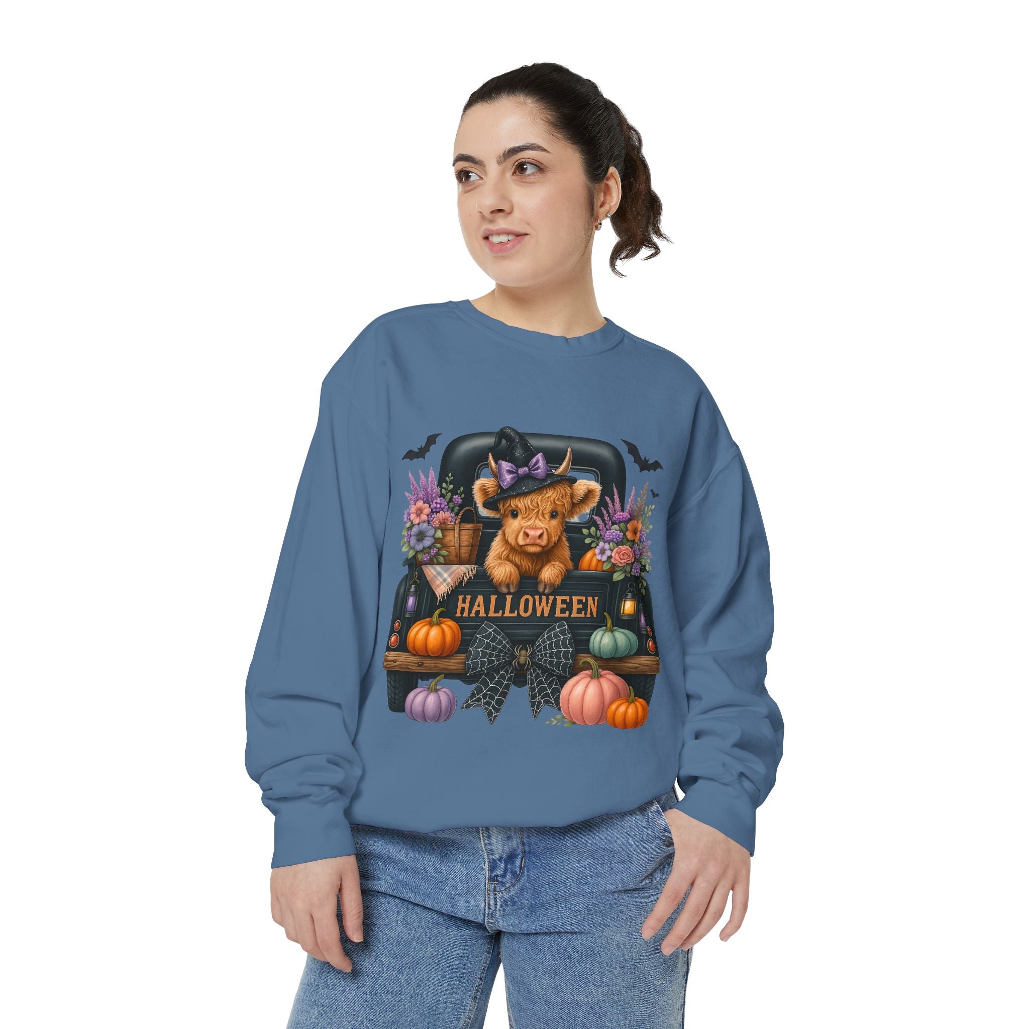Highland Cow Truck Halloween-Themed Unisex Sweatshirt, Cozy Fall Apparel, Great for Halloween Parties, Autumn Wardrobe, Seasonal Gift Idea