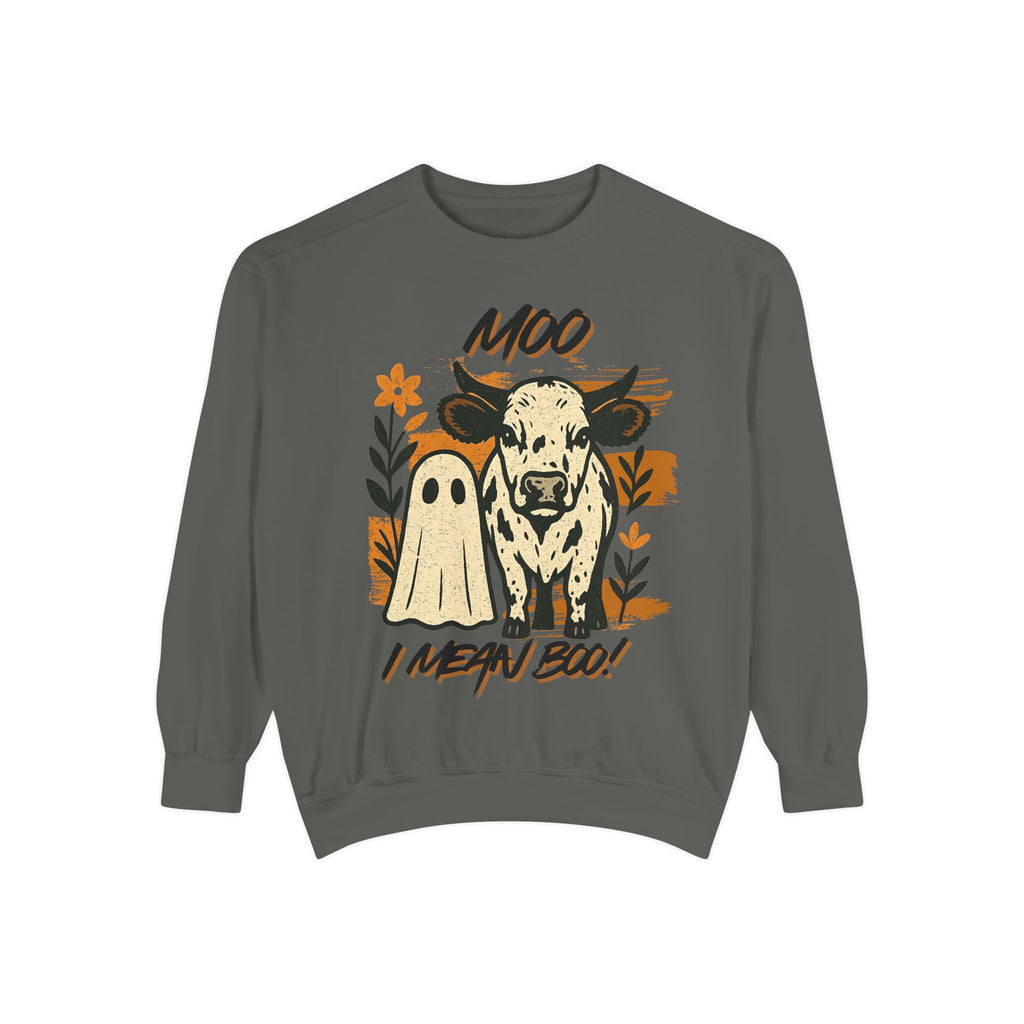 Moo I Mean Boo! Sweatshirt - Cozy Halloween Vibe, Perfect for Fall Gatherings, Unique Gift for Animal Lovers, Unisex Casual Wear