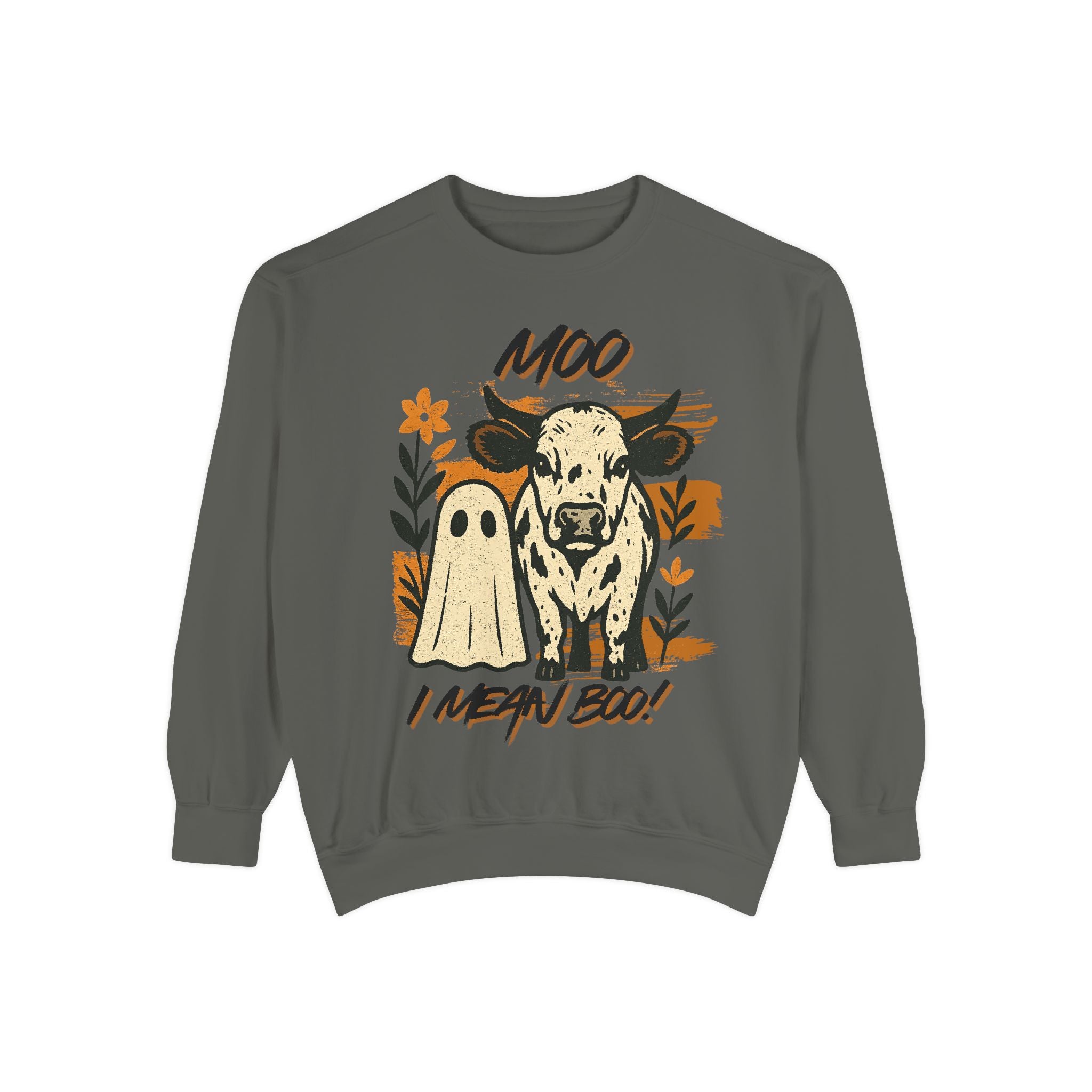 Moo I Mean Boo! Sweatshirt - Cozy Halloween Vibe, Perfect for Fall Gatherings, Unique Gift for Animal Lovers, Unisex Casual Wear