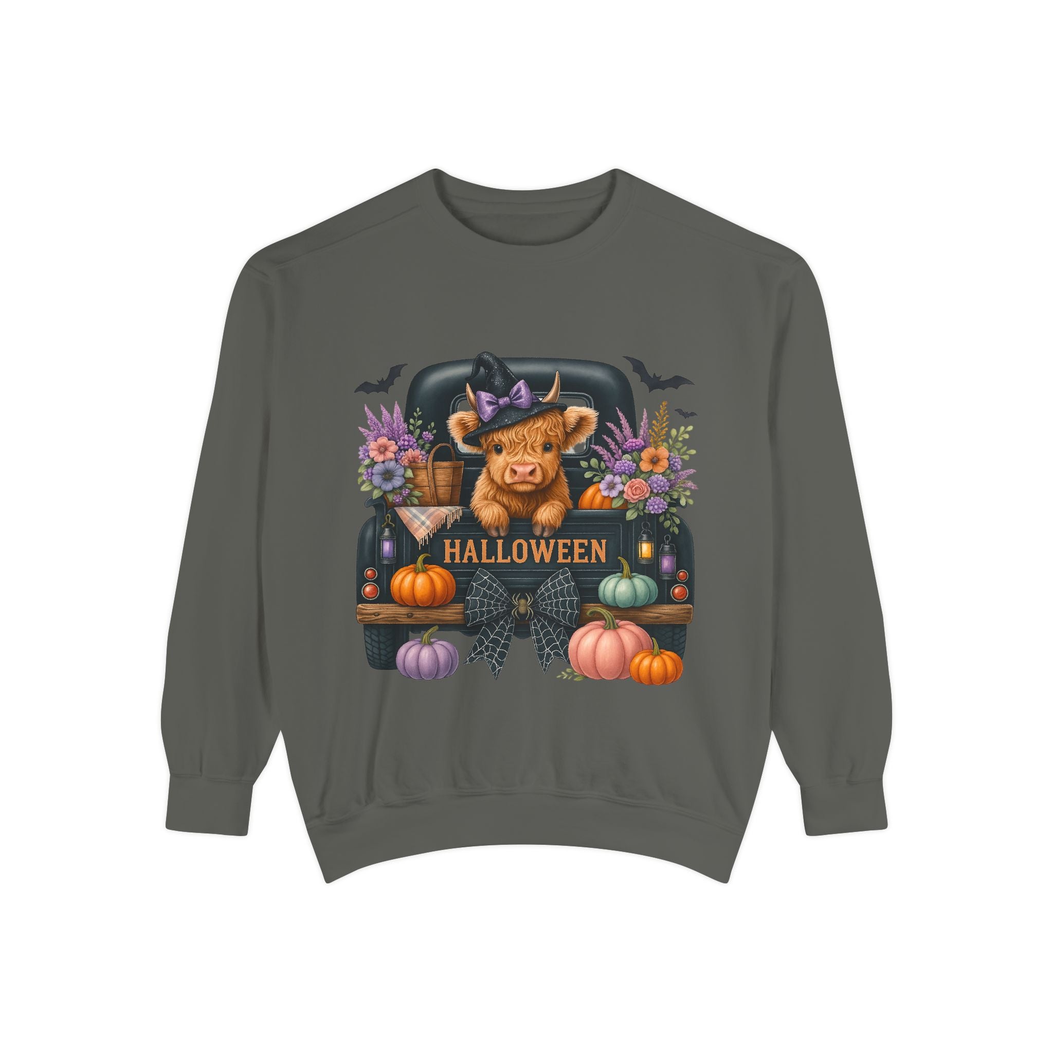 Highland Cow Truck Halloween-Themed Unisex Sweatshirt, Cozy Fall Apparel, Great for Halloween Parties, Autumn Wardrobe, Seasonal Gift Idea