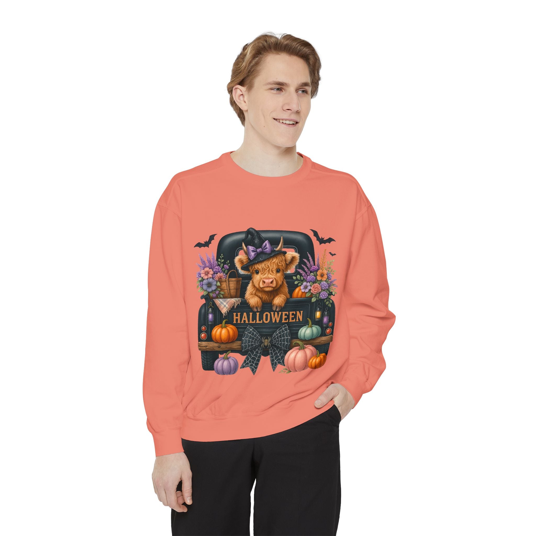 Highland Cow Truck Halloween-Themed Unisex Sweatshirt, Cozy Fall Apparel, Great for Halloween Parties, Autumn Wardrobe, Seasonal Gift Idea