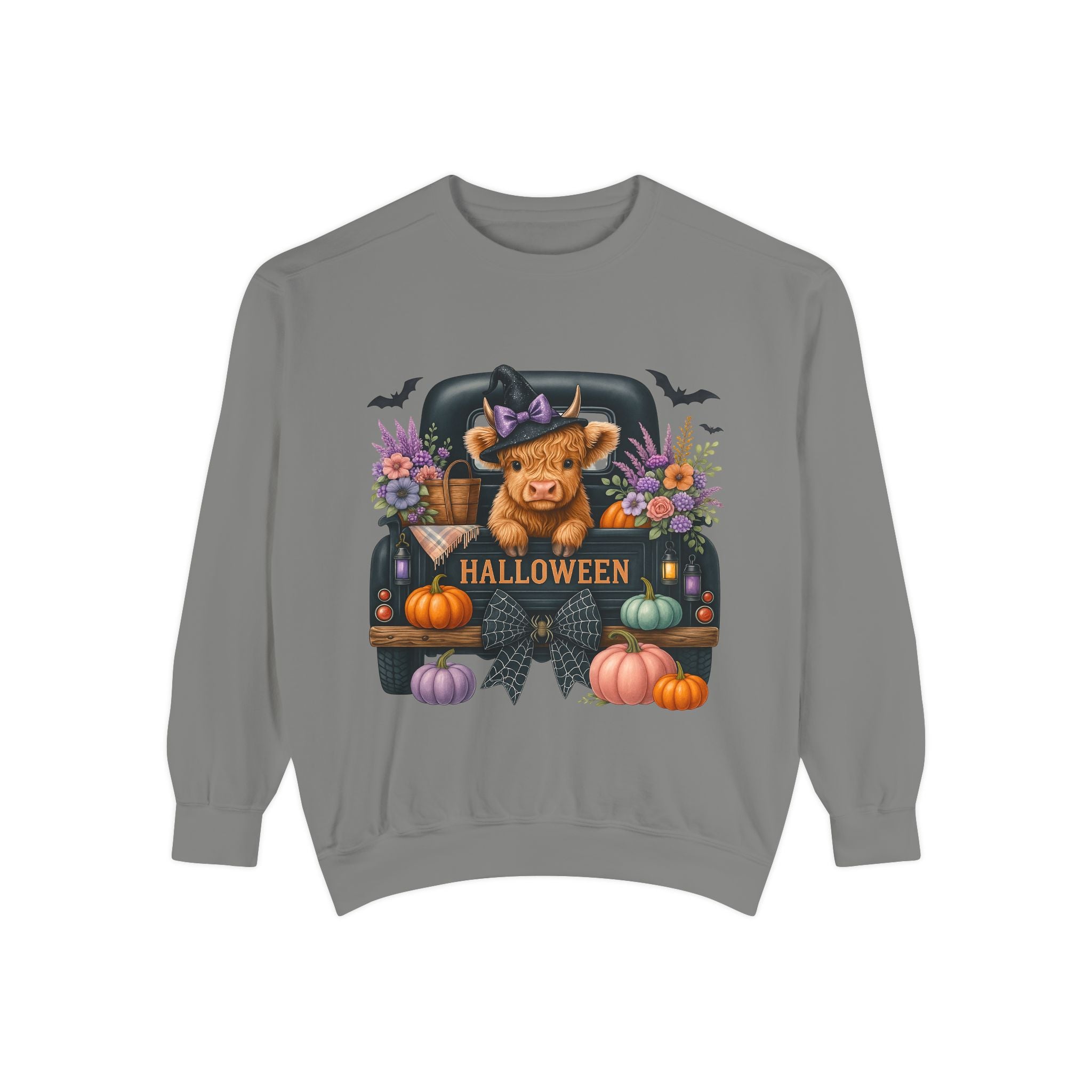 Highland Cow Truck Halloween-Themed Unisex Sweatshirt, Cozy Fall Apparel, Great for Halloween Parties, Autumn Wardrobe, Seasonal Gift Idea
