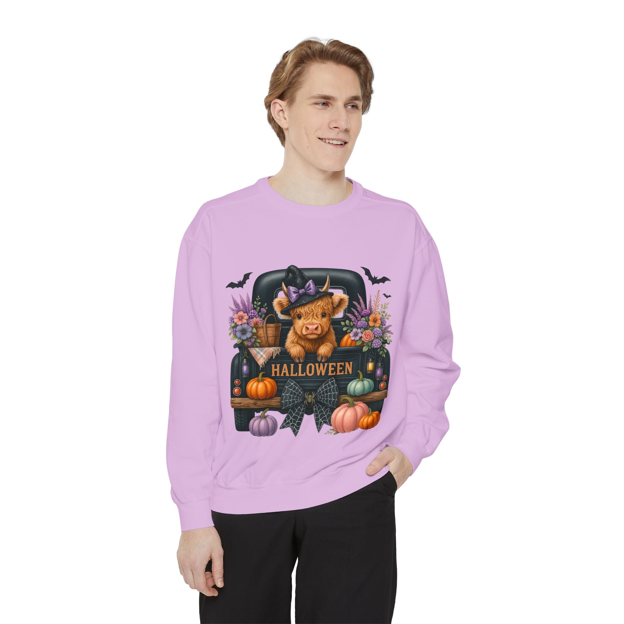 Highland Cow Truck Halloween-Themed Unisex Sweatshirt, Cozy Fall Apparel, Great for Halloween Parties, Autumn Wardrobe, Seasonal Gift Idea